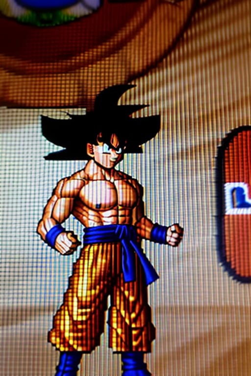 beautiful face,  gradient hair,  masterpiece,  beautiful face,  expression smiling,  whole body profile,  videogames2dNDS,  son goku,  1boy,  backlighting,  black eyes,  black hair,  blue wristband,  closed mouth,  dougi,  hair strand,  hands up,  light particles,  looking at viewer,  male focus,  muscular,  muscular male,  pectorals,  smile,  solo,  spiked hair,  upper body,  wristband,  ((masterpiece)),<lora:EMS-247805-EMS:1.000000>,<lora:EMS-59913-EMS:0.800000>