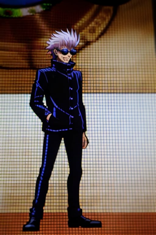 beautiful face,  gradient hair,  masterpiece,  beautiful face,  expression smiling,  whole body profile,  videogames2dNDS,  SatoruGojo, 1man, sunglasses, round eyewear, black jacket, popped collar, pants, loafers,<lora:EMS-247805-EMS:1.000000>,<lora:EMS-69260-EMS:0.700000>