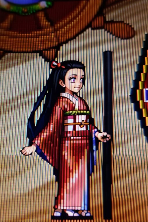 beautiful face,  gradient hair,  masterpiece,  beautiful face,  expression smiling,  whole body profile,  videogames2dNDS, nezuko,  black hair,  pink eyes,  long hair,  multicolored hair,  pink kimono,  hair ornament,<lora:EMS-247805-EMS:1.000000>,<lora:EMS-7933-EMS:1.000000>