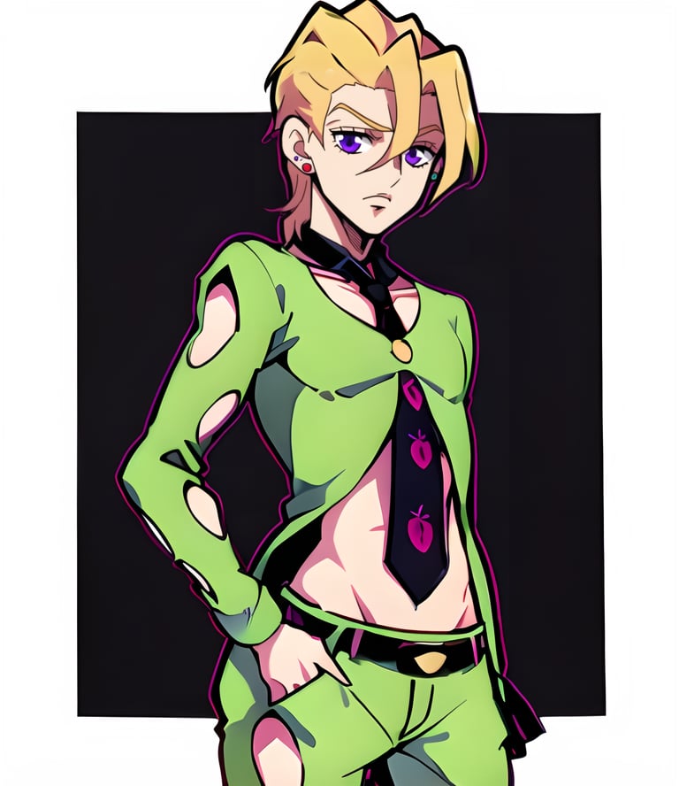 fugo,  1boy,  tie,  cowboy shot,  green suit,  clothing cutout,  solo,  simple background,  nomura tetsuya,  blonde hair,  thin waist,  dark outline,  stud earrings,  young,  teen,<lora:EMS-247136-EMS:0.800000>,<lora:EMS-92852-EMS:0.800000>