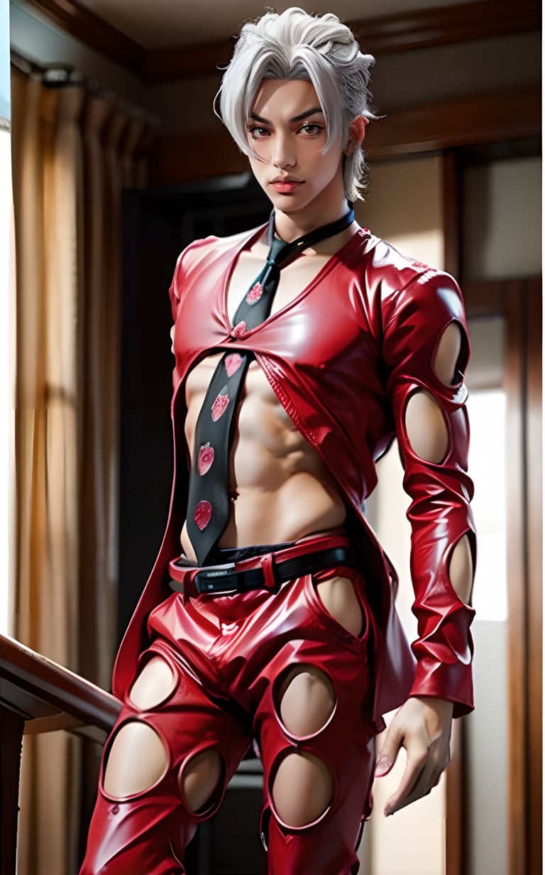 fugo,  1boy,  feminine,  light skin,  official style,  black necktie,  tie,  red eyes,  standing,  shoes,  araki,  red suit,  clothing cutout,  solo,  navel,  interior background,  nomura tetsuya,  white silver hair,  thin waist,  stud earrings,  teen,  pose,  anime coloring,  scene reference,<lora:EMS-247136-EMS:0.800000>