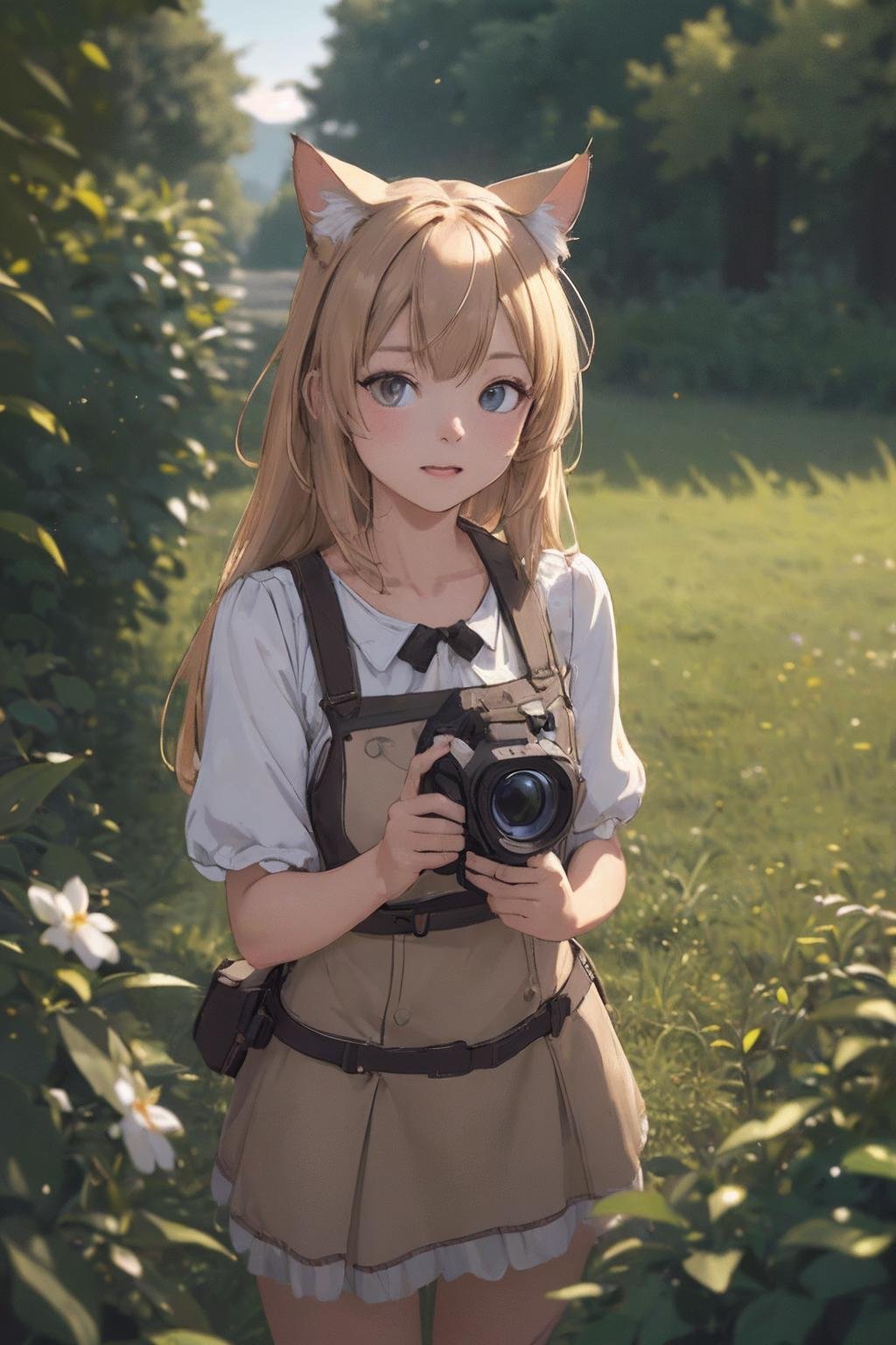 cat girl in outdoor,((masterpiece)), ((best quality)), ((extremely detailed)), ((Hasselblad photography)), (highres), (8k),crisp image, sharp image, clear image, vivid image, realistic image, noiseless image, exists in reality,highly detailed background, natural cinematic lighting,