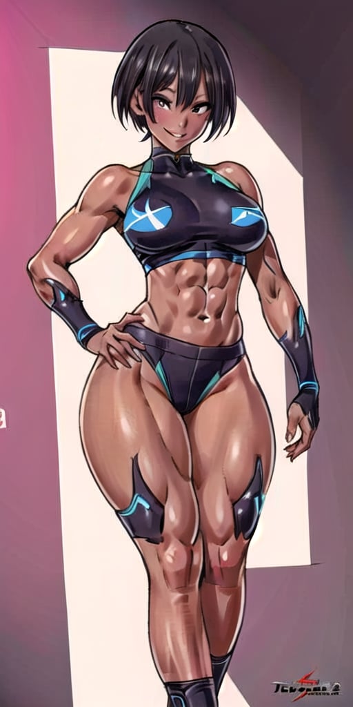 (()) 
(()) 1 Girl, Solo, best quality, expressive eyes, perfect face, () Tall Young girl, Boyish traits, Tanned Dark skin, Black hair pixie-cut, Grey eyes, Athletic body, Big Breast, Slim waist, Ripped abs, Muscle legs, Thick thighs, smiling