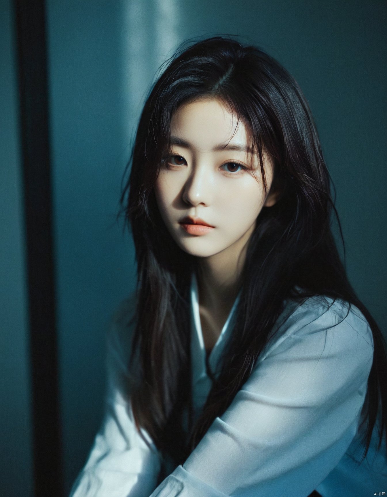  a young woman,looking at the camera,posing,ulzzang,naver fanpop,ffffound,streaming on twitch,character album cover,blues moment,style of Alessio Albi,daily wear,moody lighting,appropriate comparison of cold and warm,reality,
