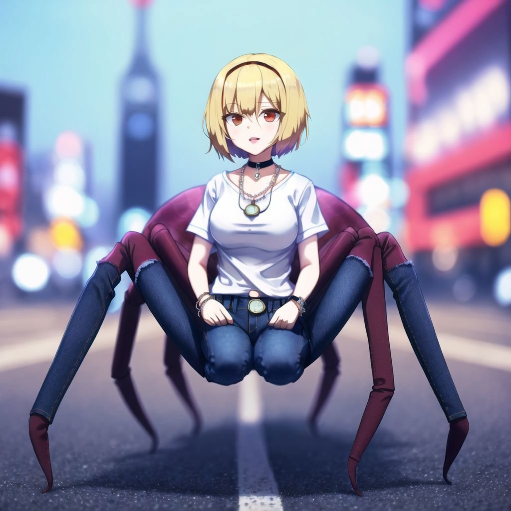 <lora:arachne-1_arachne-2--retro_ham_avas_jun_rifl--09-01:1.3>, (arachne:1.3), full body,  blurry, blurry background, blurry foreground, depth of field, photo \(medium\), photo background, jeans, denim, city, building, 1girl, motion blur, cosplay photo, street, skyscraper, outdoors, photo inset, pants, town, road, watch, stadium, necklace, hands on hips, hand on hip, bracelet, day, wristwatch, people, reference inset, jewelry, solo, choker, blonde hair, wristband, , tokyo \(city\), short hair, casual, bokeh, lips, shirt, looking at viewer, t-shirt, blue pants