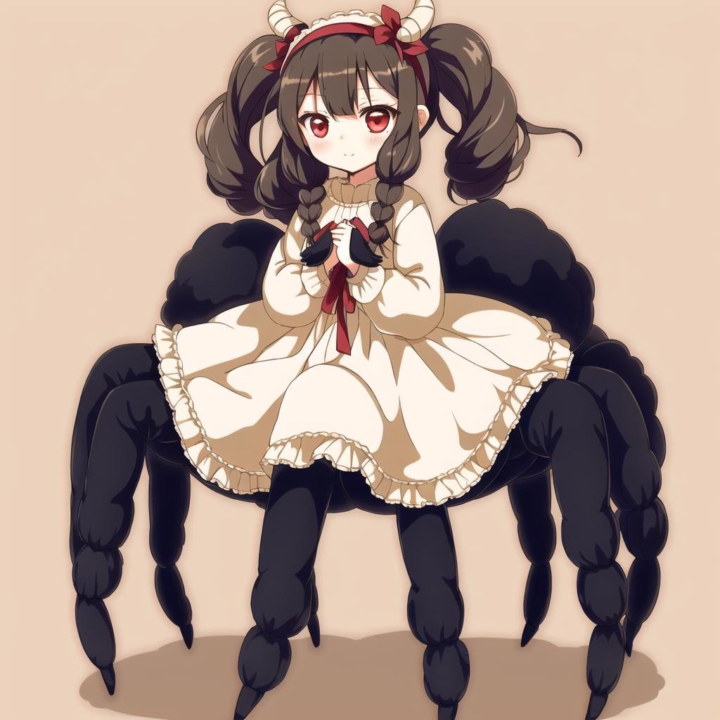 <lora:arachne-1_arachne-2--retro_ham_avas_jun_rifl--09-01:1.0>, (arachne:1.0), full body, 1girl, :<, :3, ahoge, bangs, beige background, black hair, closed mouth, cowboy shot, dress, eyebrows visible through hair, frills, hairband, holding, long hair, long sleeves, looking at viewer, low twintails, naru \(ul\), red eyes, sheep, sidelocks, simple background, solo, stuffed animal, stuffed sheep, stuffed toy, twintails, white dress