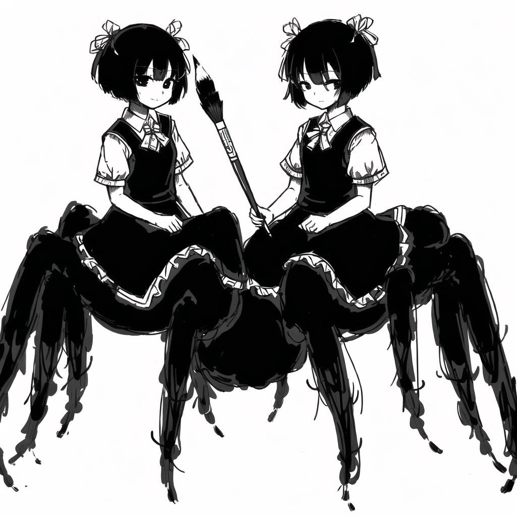 <lora:arachne-1_arachne-2--retro_ham_avas_jun_rifl--09-01:1.0>, (arachne:1.0), full body, 2girls, calligraphy, calligraphy brush, comic, doyagao, looking at viewer, monochrome, multiple girls, paintbrush, school uniform, short hair, simple background, smug, solid circle eyes