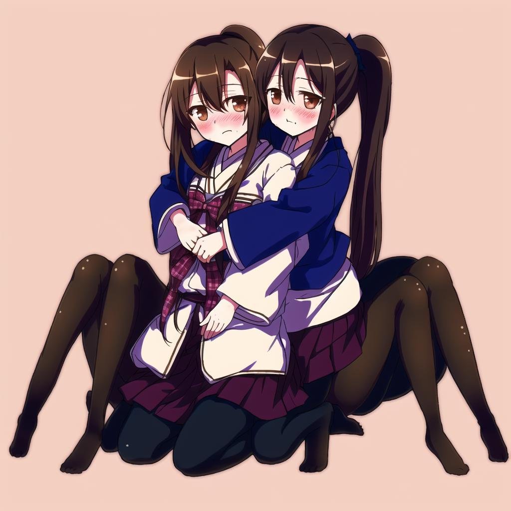 <lora:arachne-1_arachne-2--retro_ham_avas_jun_rifl--09-01:1.0>, (arachne:1.0), full body, 1girl,  blush, brown hair, hug, hug from behind, japanese clothes, long hair, multiple girls, school uniform, side ponytail, yuri