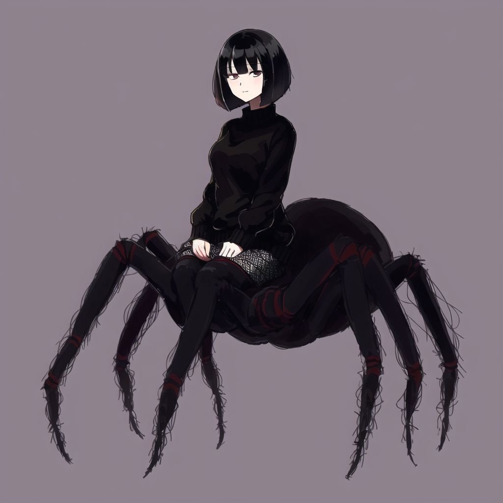 <lora:arachne-1_arachne-2--retro_ham_avas_jun_rifl--09-01:1.0>, (arachne:1.1), full body, masterpiece, best quality, 1girl, solo, black eyes, black hair, black sweater, bob cut, closed mouth, medium hair, simple background