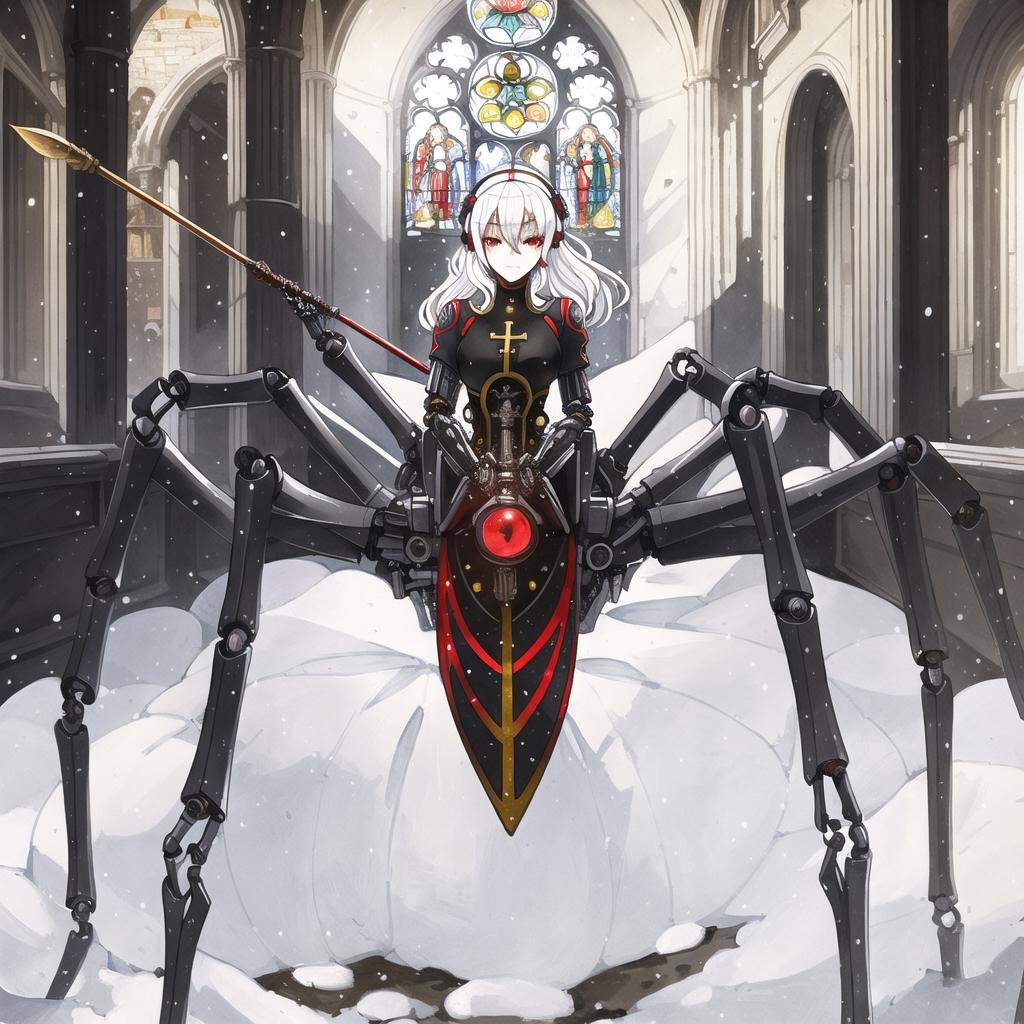 <lora:arachne-1_arachne-2--retro_ham_avas_jun_rifl--09-01:1.2>, (arachne:1.2), full body, ((android)), (detailed black clothes:0.9), (mechanical limbs:1.2225), white hair, red eyes, mechanical parts,holding spear, cybernetic imlants, (beautiful detailed eyes:1.05), (best quality:1.1025), (masterpiece:1.1025), (ultra-detailed:1.1025), detailed, sharp, (illustration:1.05), (detailed light:1.05), (an extremely delicate and beautiful:1.05), ((world masterpiece)),((illustration)), (monastery background), church ruins, [snow], Stained glass, cyberpunk