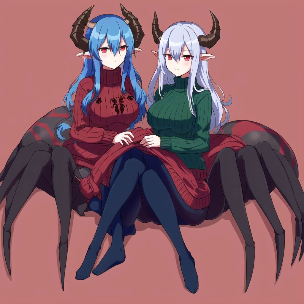 <lora:arachne-1_arachne-2--retro_ham_avas_jun_rifl--09-01:1.1>, (arachne:1.2), full body, 2girls, bangs, black shirt, blue hair, breast press, dragon horns,green hair, hair between eyes, horns, lap pillow, long hair, mishima coco, multiple girls, oni horns, pantyhose, red eyes, ribbed sweater, shaded face, shirt, single horn, sweater, turtleneck