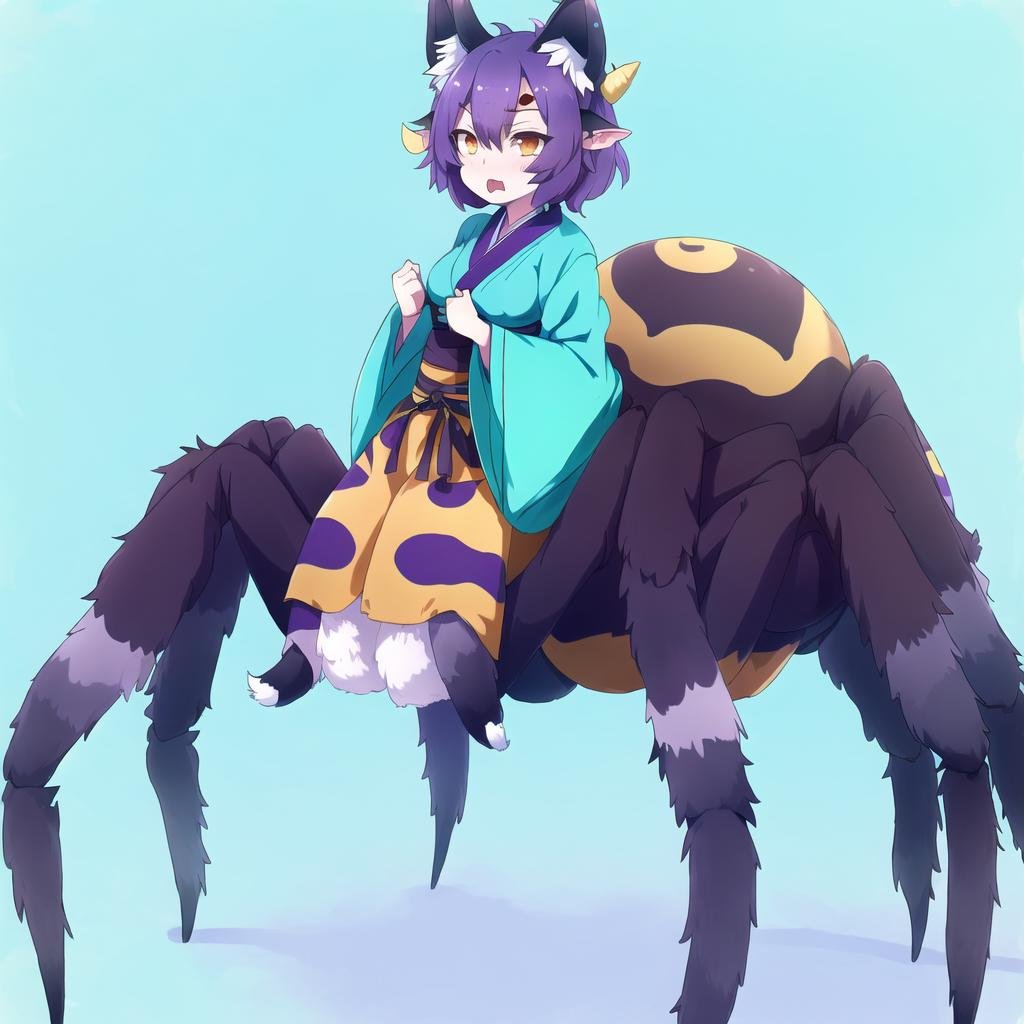 <lora:arachne-1_arachne-2--retro_ham_avas_jun_rifl--09-01:1.0>, (arachne:1.2), full body, masterpiece, best quality, 1girl, animal ear fluff, animal ears, bumblebee eyes, messy hairstyle, turquoise  panda kimono,tanuki ears, highres, looking at viewer, angry mouth,  short eyebrows , solo, standing, thick eyebrows, upper body,  purple shirt, from below, horns, 