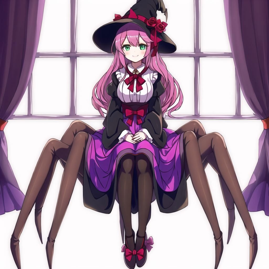 <lora:arachne-1_arachne-2--retro_ham_avas_jun_rifl--09-01:1.2>, (arachne:1.2), full body, 1girl, bangs, black pantyhose, book, bow, broom, cauldron, closed mouth, dress, english commentary, eyebrows hidden by hair, flower, green eyes, hat, hat bow, highres, korean text, long hair, long sleeves, looking at viewer, menna \(0012\), nail polish, open book, pantyhose, pink flower, pink hair, pink nails, purple dress, purple headwear, red bow, red flower, sitting, sitting in window, sleeves past wrists, smile, solo, very long hair, white dress, white flower, wide sleeves, witch hat