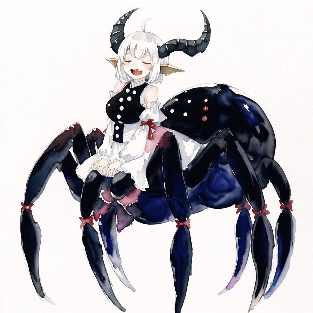 <lora:arachne-1_arachne-2--retro_ham_avas_jun_rifl--09-01:1.0>, (arachne:1.0), full body, 1girl, arms under breasts, black horns, buttons, closed eyes, demon girl, horns, limited palette, open mouth, painting \(medium\), sharp teeth, short hair, smile, teeth, traditional media, watercolor \(medium\), white background, white hair