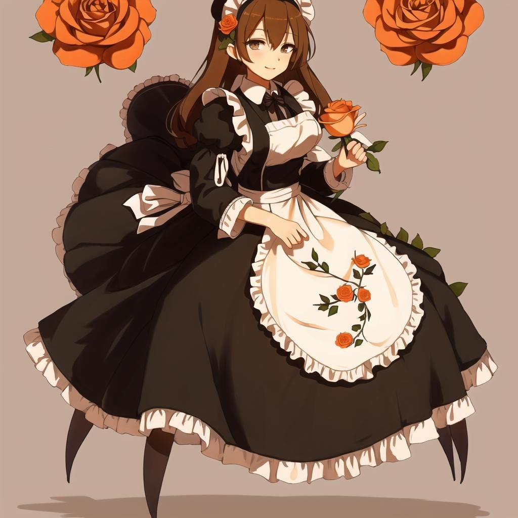 <lora:arachne-1_arachne-2--retro_ham_avas_jun_rifl--09-01:1.2>, (arachne:1.2), full body, 1girl, apron, bangs, black dress, brown hair, closed mouth, collared dress, dress, fingernails, flower, frilled apron, frills, grey eyes, highres, holding, holding flower, leaf, lips, long hair, long sleeves, maid, maid apron, maid headdress, orange flower, orange rose, rose, simple background, sleeve cuffs, solo, tan background, twitter username, upper body, white apron, white headdress, yuum1709