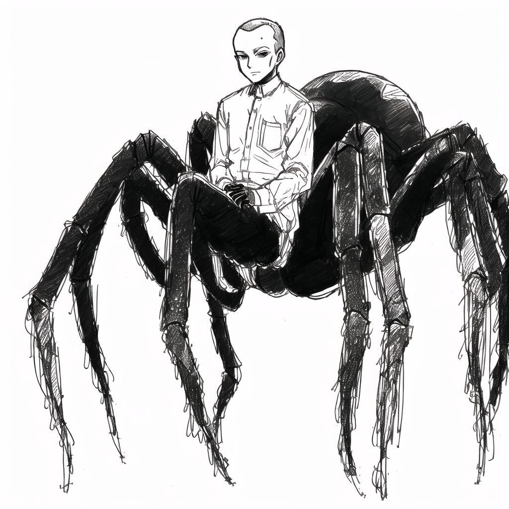 <lora:arachne-1_arachne-2--retro_ham_avas_jun_rifl--09-01:1.1>, (arachne:1.2), full body, 1man, bald, greyscale, humbles, portrait, sketch, solo