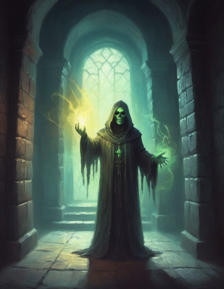 digital painting of a fearsome undead spectral glowing luminous liche priest mage ghost illuminating a dark abandoned stone hallway mythical horror creature magical glowing light dust