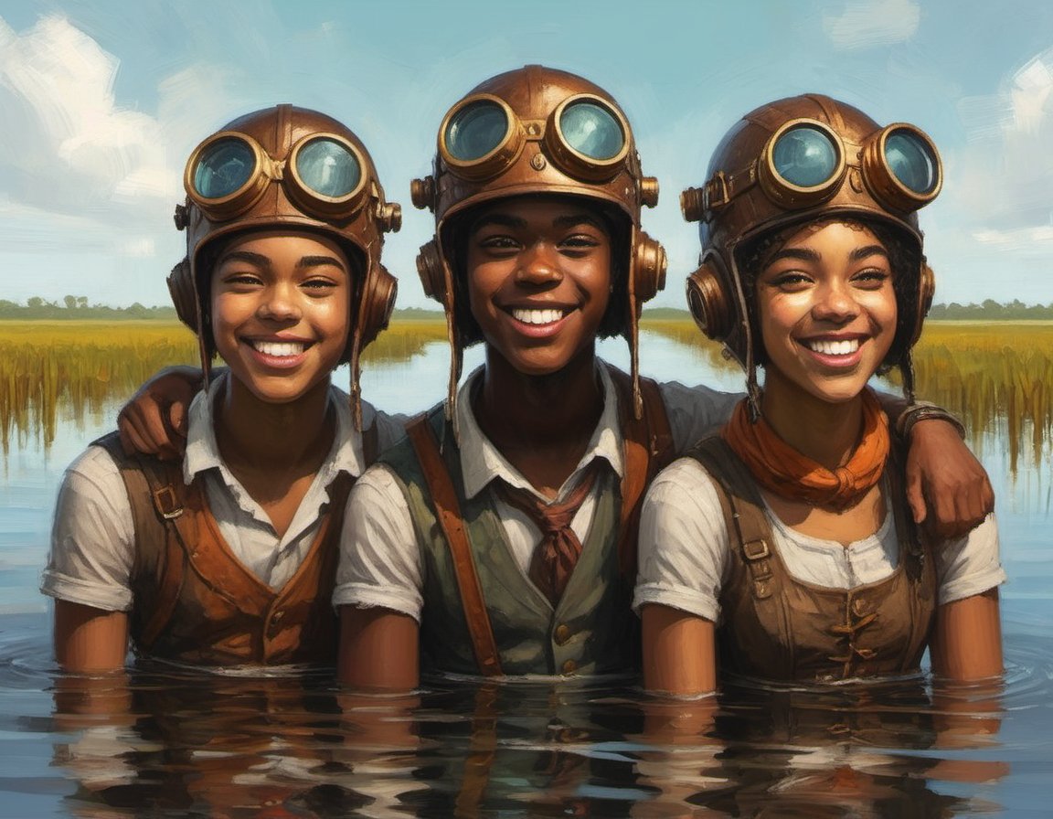 digital painting of three multiracial teens wearing steampunk helmets as they cheerfully sink into the waters of a Florida marsh