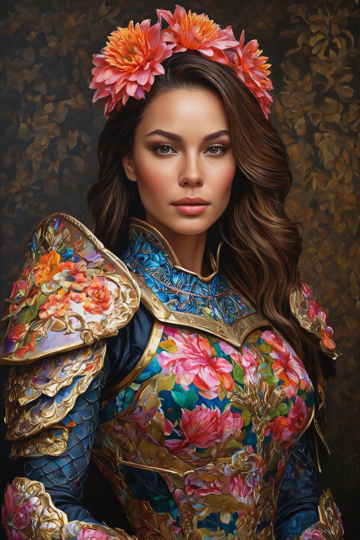 (best quality, realistic, high-resolution), colorful portrait of a woman with flawless anatomy. She is wearing a stunning flower dress that compliments her vibrant personality. Her skin is extremely detailed and realistic, with a natural and lifelike texture. The background is dark, which creates a striking contrast to the colorful flowers adorning her armor. The flowers on her armor represent her strength and beauty. The lighting accentuates the contours of her face, adding depth and dimension to the portrait. The overall composition is masterfully done, showcasing the intricate details and achieving a high level of realism, Realistic