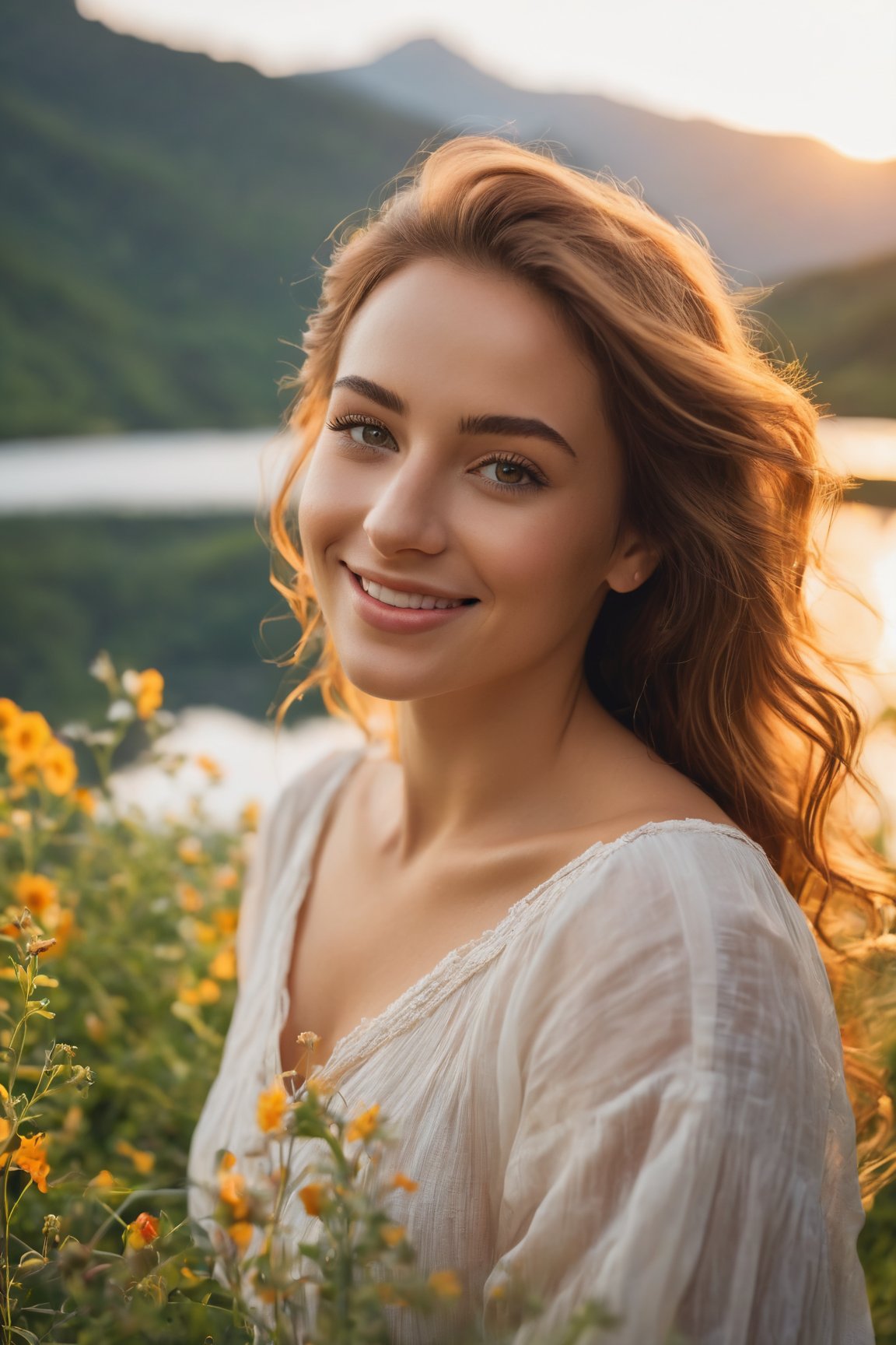 (best quality, 8k, highres, masterpiece:1.2), photorealistic, ultra-detailed, vibrant photography of a woman in nature, cute smile, dramatic lighting, finely detailed beautiful eyes, fine detailed skin, Natural scenery, majestic landscape, colorful flowers, distant mountains, flowing rivers, melting sunset, serene atmosphere, dazzling sunlight, blissful vibes, freckled face, luscious greenery, soft breeze, ethereal beauty
