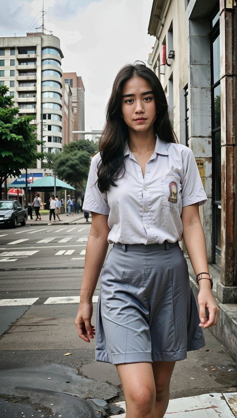 Beautiful woman with long brown hair, 18 years old, well-built, has a mole above her lip, ideally wearing a high school uniform, short-sleeved white shirt, long gray skirt past her knees, not too big chest, walking in the middle. city. buzz, sharp looks, high quality photography, street cinema,aur4