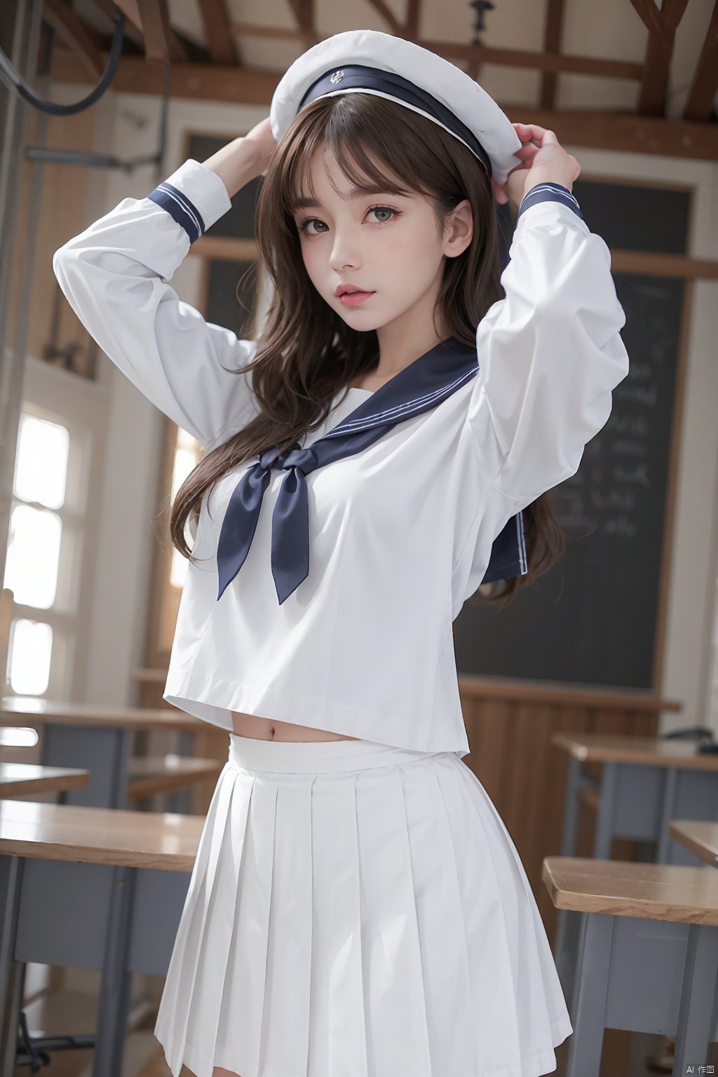 jkk, 1girl, solo, hat, white skirt, skirt, brown hair, long hair, looking at viewer, sailor collar, parted lips, blurry background, blurry, long sleeves, indoors, shirt, sailor hat, pleated skirt, school uniform, white shirt, lips, arms up, brown eyes, white headwear, realistic, cosplay, bangs