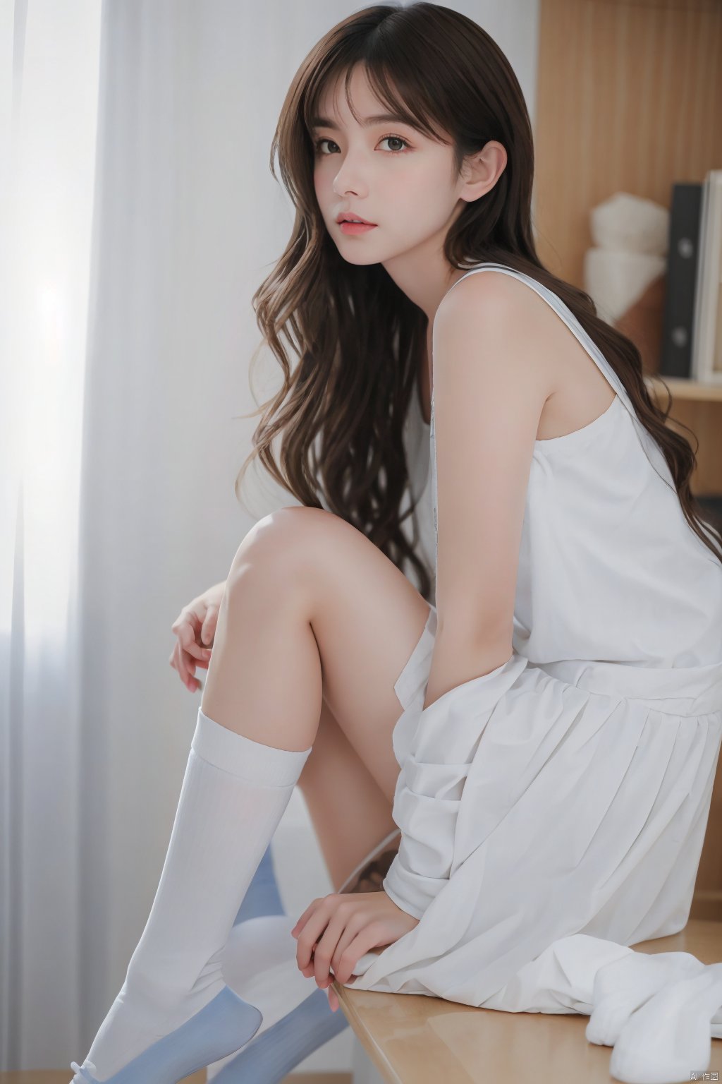 jkk, 1girl, solo, brown hair, socks, long hair, brown eyes, kneehighs, sitting, realistic, indoors, blurry background, blurry, white socks, looking to the side, holding, cup, looking away, bare shoulders, underwear