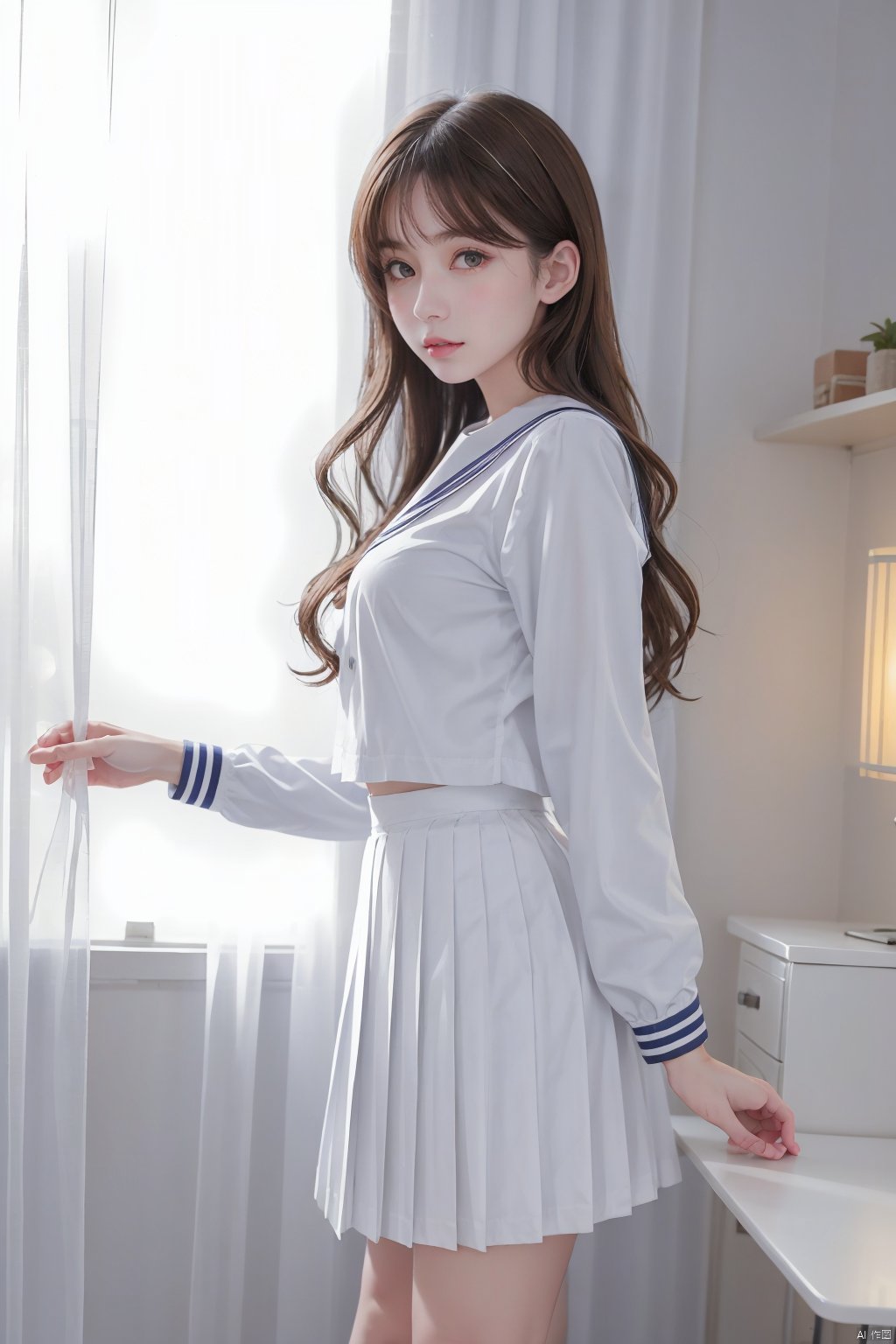 jkk, 1girl, curtains, solo, white skirt, skirt, school uniform, brown hair, window, sailor collar, curtain grab, standing, pleated skirt, shirt, serafuku, long sleeves, long hair, looking at viewer, white sailor collar, white shirt, brown eyes, artist name, indoors, black hair, lips