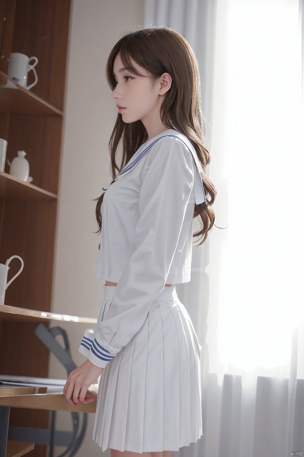 jkk, 1girl, solo, long hair, brown hair, curtains, school uniform, skirt, white skirt, long sleeves, from side, pleated skirt, sailor collar, lips, serafuku, profile, realistic, shirt, artist name, standing, cowboy shot, white dress, window