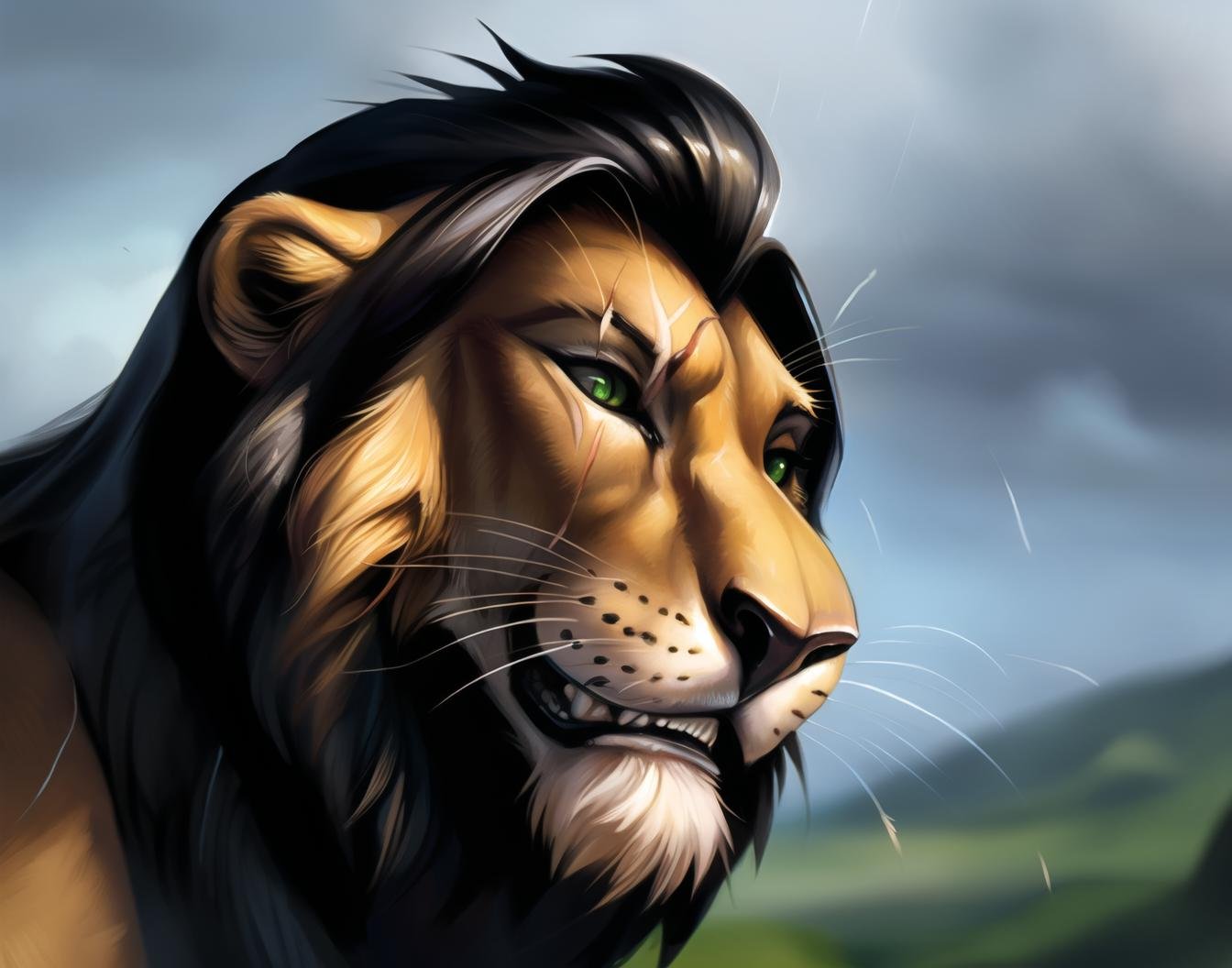 photography, nature, scarlion, lion, green eyes, scar over eye, scary, teeth,whiskers, feline, best quality, photorealistic, green atmosphere, cloudy, hyperrealistic, ultradetailed, detailed background, photo background, digital drawing (artwork), [[by kenket|by totesfleisch8], by thebigslick:by silverfox5213:0.8], [by syuro, by paloma-paloma::0.2], depth of field, green sky, intimidating, evil character <lora:scar:0.78>