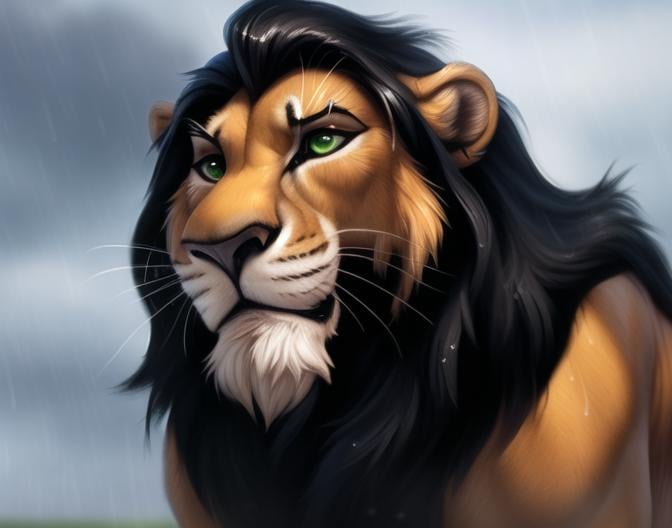 scarlion, lion, green eyes, whiskers, feline, best quality, photorealistic, raining, cloydy, hyperrealistic, ultradetailed, detailed background, photo background, digital drawing (artwork), [[by kenket|by totesfleisch8], by thebigslick:by silverfox5213:0.8], [by syuro, by paloma-paloma::0.2], depth of field, grey sky, intimidating,  <lora:scar:0.78>