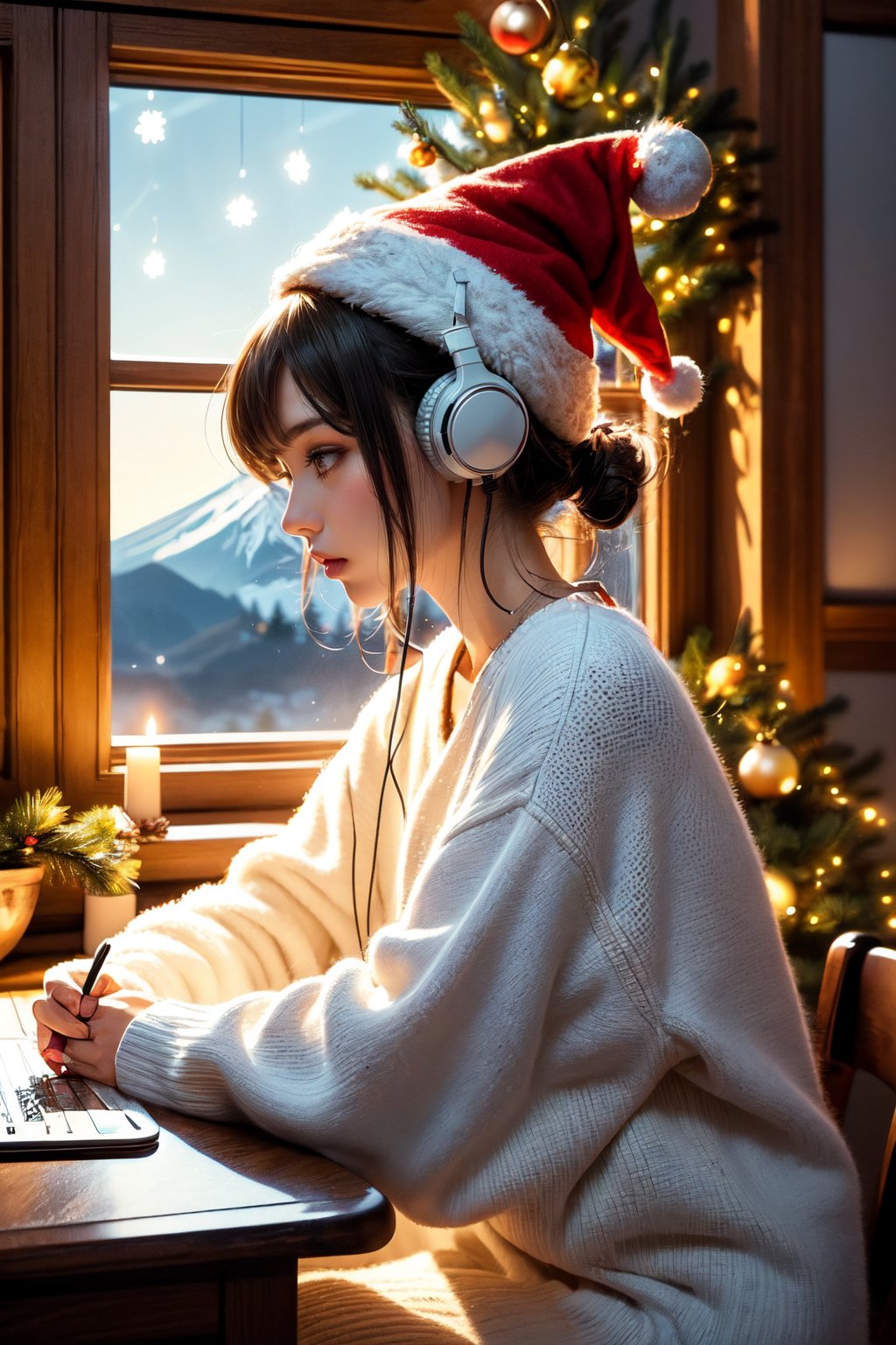 An illustration of a LOFI girl in a Christmas atmosphere, studying by a window in the early morning, in a style that can be either semi-realistic or anime. She is shown in profile, looking down at her homework with her right hand writing. She's wearing headphones and a Christmas hat, immersed in her music. Beside her is a Japanese Maneki-neko (lucky cat) with its left paw raised. The room has a cozy, festive ambiance. Outside the window, there's a view of Mount Fuji, a cluster of small houses, and numerous Christmas trees, capturing the essence of a Christmas morning. The image is ideal for a LOFI music background, 