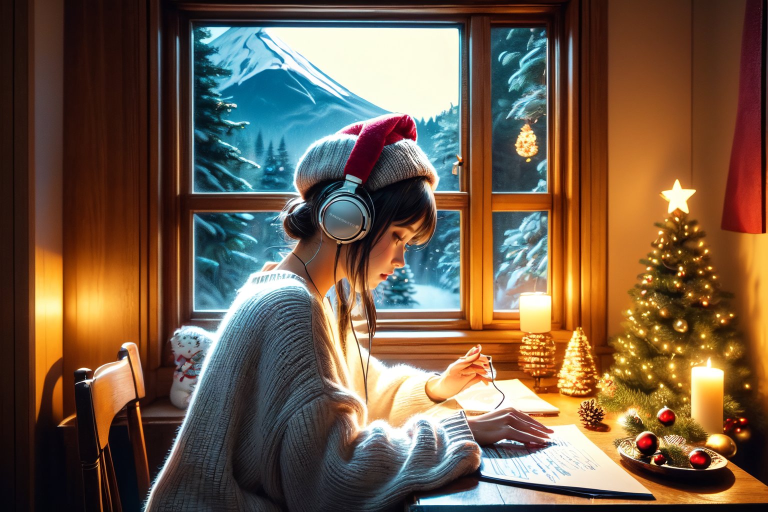 An illustration of a LOFI girl in a Christmas atmosphere, studying by a window in the early morning, in a style that can be either semi-realistic or anime. She is shown in profile, looking down at her homework with her right hand writing. She's wearing headphones and a Christmas hat, immersed in her music. Beside her is a Japanese Maneki-neko (lucky cat) with its left paw raised. The room has a cozy, festive ambiance. Outside the window, there's a view of Mount Fuji, a cluster of small houses, and numerous Christmas trees, capturing the essence of a Christmas morning. The image is ideal for a LOFI music background, 