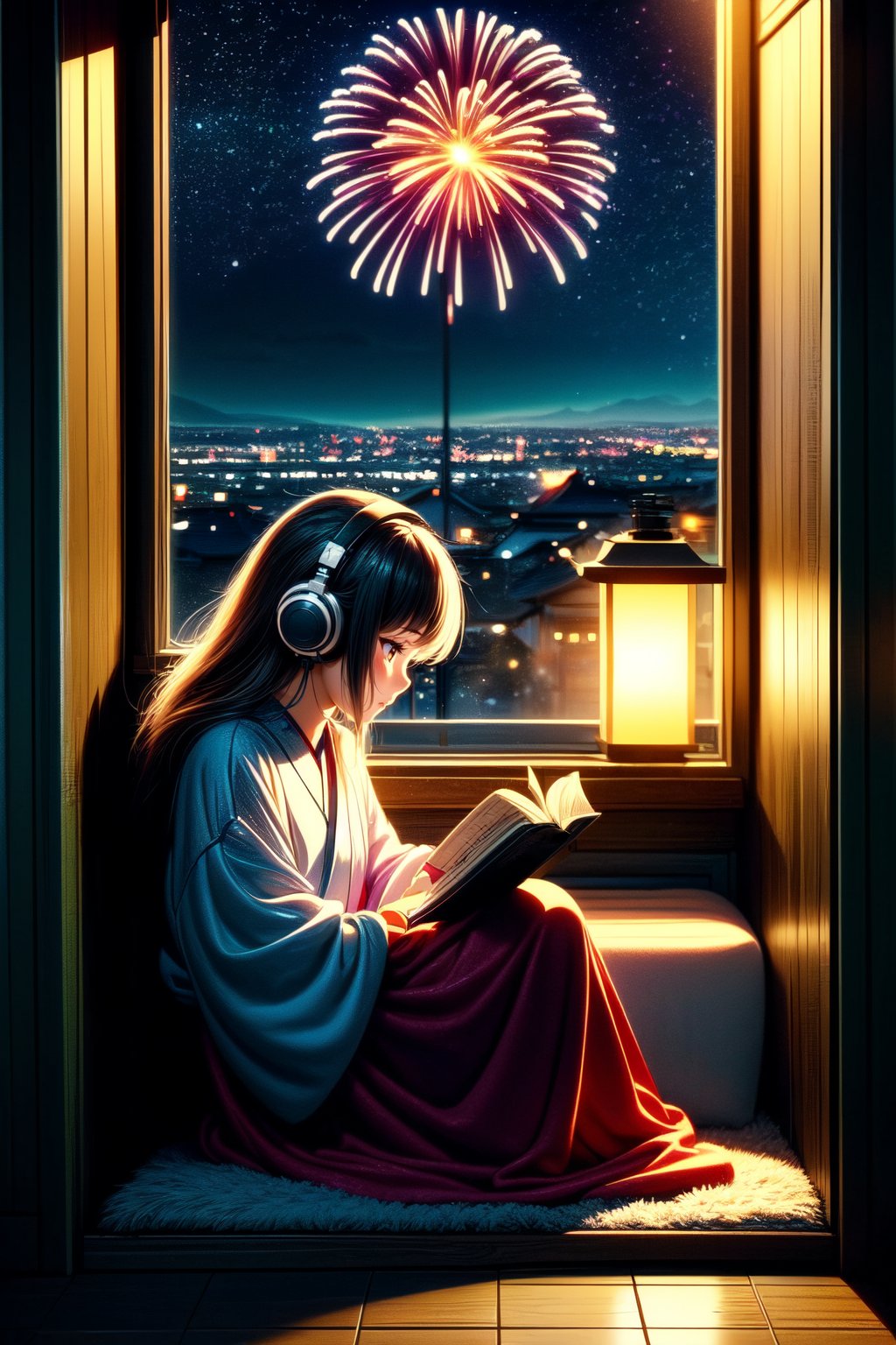 A cute LOFI music themed anime-style girl wearing a winter kimono, leisurely reading a book by a window. She is wearing headphones and listening to music. The window offers a view of a vast night sky filled with stars and fireworks, set in a cyberpunk world. The image features a warm color palette, creating a cozy and inviting atmosphere. This scene combines traditional Japanese elements with a futuristic cyberpunk setting, capturing the essence of a serene winter night. perfectly suited for a LOFI music background.,Lofi style