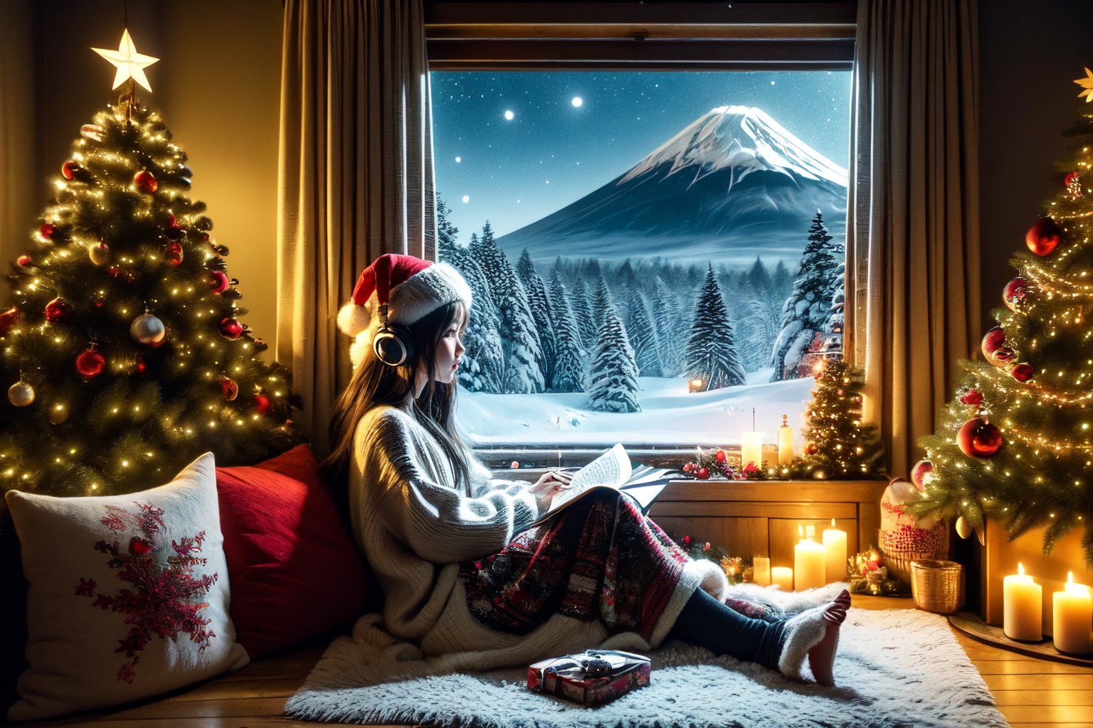 An illustration of a LOFI girl in a Christmas atmosphere, studying by a window in the early morning, in a style that can be either semi-realistic or anime. She is shown in profile, looking down at her homework with her right hand writing. She's wearing headphones and a Christmas hat, immersed in her music. Beside her is a Japanese Maneki-neko (lucky cat) with its left paw raised. The room has a cozy, festive ambiance. Outside the window, there's a view of Mount Fuji, a cluster of small houses, and numerous Christmas trees, capturing the essence of a Christmas morning. The image is ideal for a LOFI music background, 