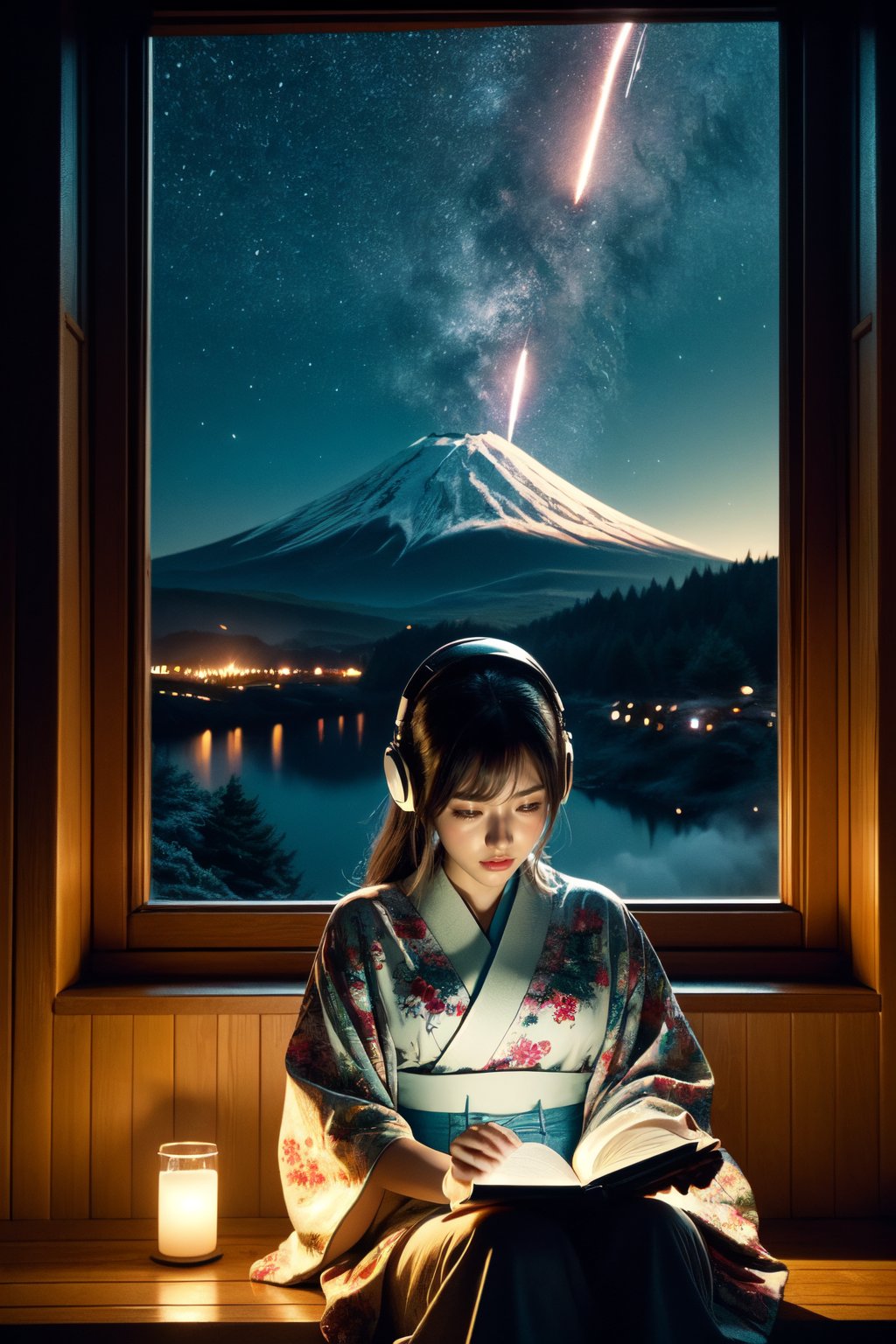 A cute LOFI music themed anime-style girl wearing a winter kimono, leisurely reading a book by a window. She is wearing headphones and listening to music. The window offers a view of a vast night sky filled with stars and fireworks, set in a cyberpunk world. The image features a warm color palette, creating a cozy and inviting atmosphere. This scene combines traditional Japanese elements with a futuristic cyberpunk setting, capturing the essence of a serene winter night. perfectly suited for a LOFI music background.