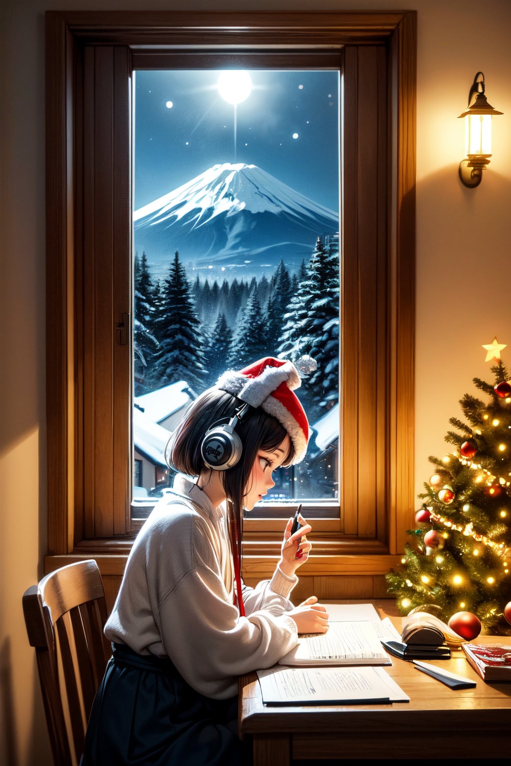 An illustration of a LOFI girl in a Christmas atmosphere, studying by a window in the early morning, in a style that can be either semi-realistic or anime. She is shown in profile, looking down at her homework with her right hand writing. She's wearing headphones and a Christmas hat, immersed in her music. Beside her is a Japanese Maneki-neko (lucky cat) with its left paw raised. The room has a cozy, festive ambiance. Outside the window, there's a view of Mount Fuji, a cluster of small houses, and numerous Christmas trees, capturing the essence of a Christmas morning. The image is ideal for a LOFI music background, 