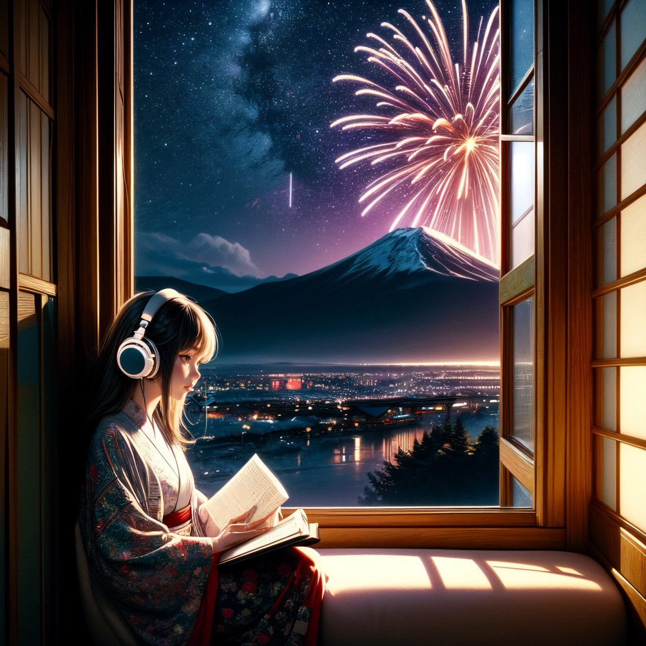 A cute LOFI music themed anime-style girl wearing a winter kimono, leisurely reading a book by a window. She is wearing headphones and listening to music. The window offers a view of a vast night sky filled with stars and fireworks, set in a cyberpunk world. The image features a warm color palette, creating a cozy and inviting atmosphere. This scene combines traditional Japanese elements with a futuristic cyberpunk setting, capturing the essence of a serene winter night. perfectly suited for a LOFI music background.,Lofi style