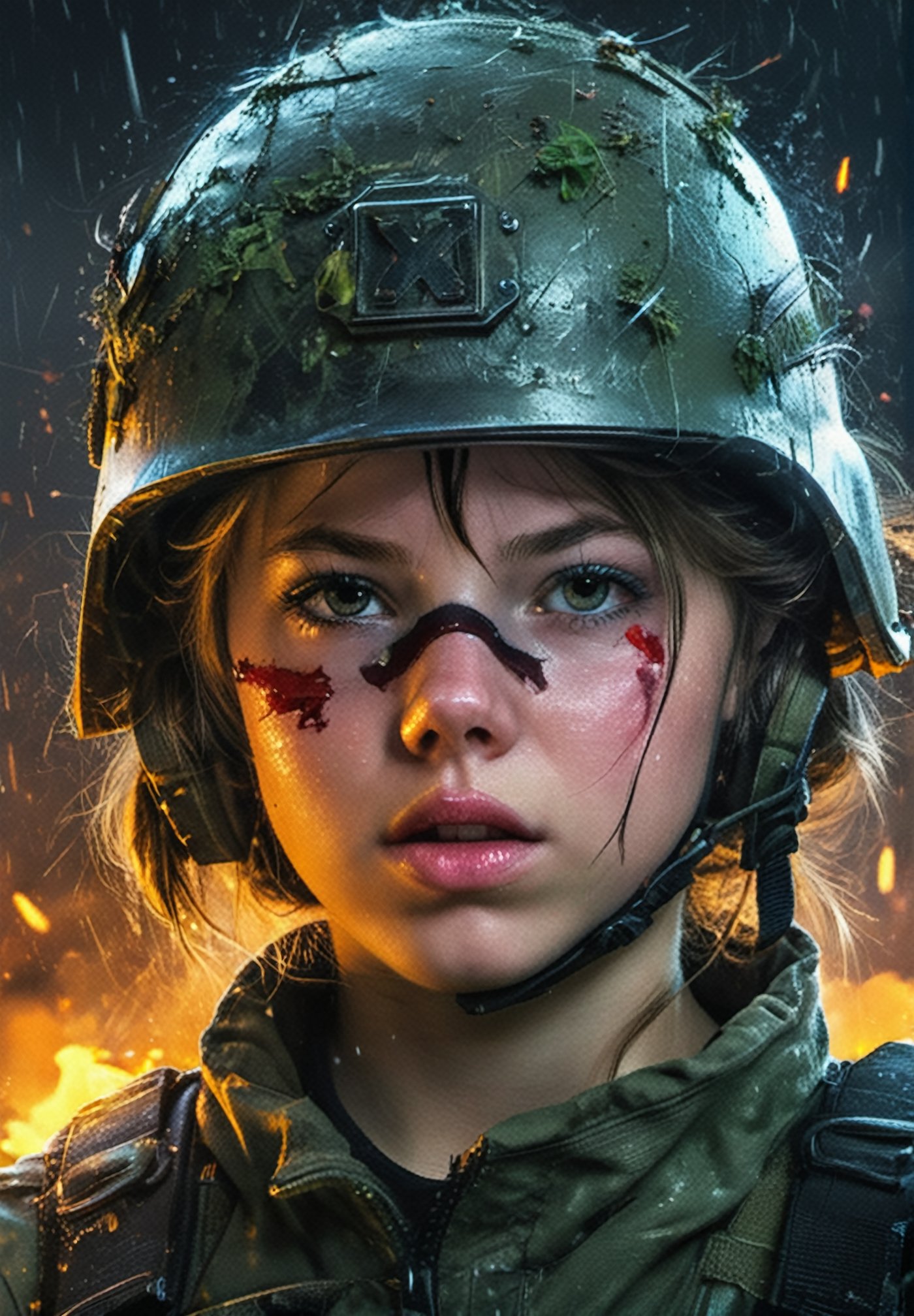 Young girl vaultgirl Soldier, post apocalypse, wearing vaultsuit and a USA vietnam era helmet, closeup, tired face, tired, exhausted, raining, battlefield, explosions, mutants attacking, barbed wire, ultra realistic, 4k, intricate details, highly detailed, photoreal), Neon Digital Art, Minimalist Style, Movie Grain, Bloom,more detail XL,Real,perfect likeness of SandraOSDXL,White Russian