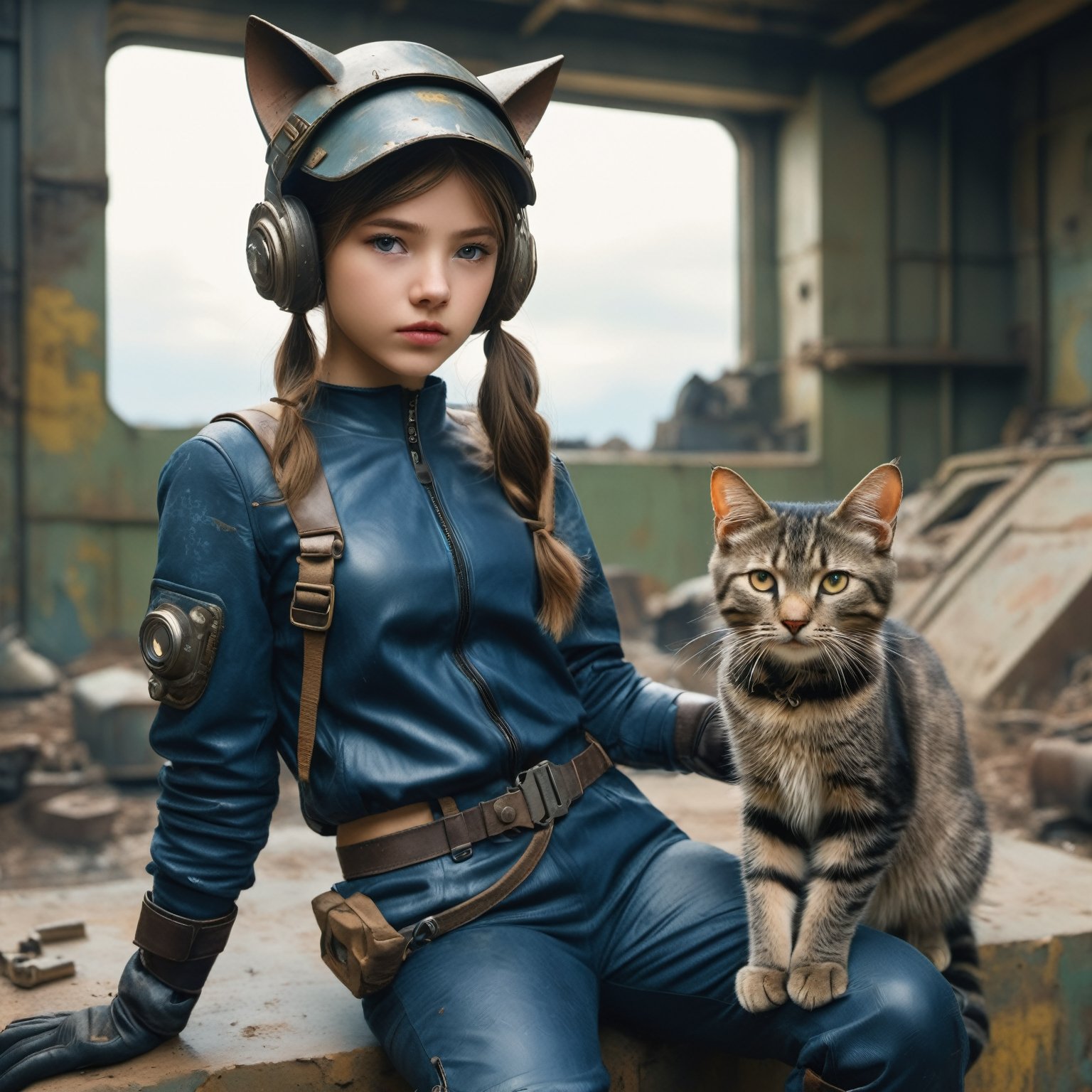 16 year old girl wearing (vaultsuit with pipboy3000 on wrist) standing in a rundown rusty post apocalyptic steel bunker,  holding a weapon in her right hand,  giant fallout monstor in background,  professionally color graded,  professional photography,  well drawn,  masterpiece,  hyper realistic,  ultra detailed,  high quality,  best quality,  4k,  8k,  raw,  detailed and realistic eyes,  petite,  13 years old,  loli)) ((wearing long leather gloves cover all her fingers)),  ,  wearing cats ears,  highly detailed,  vibrant, 8k Ultra HD,<lora:EMS-248075-EMS:0.800000>