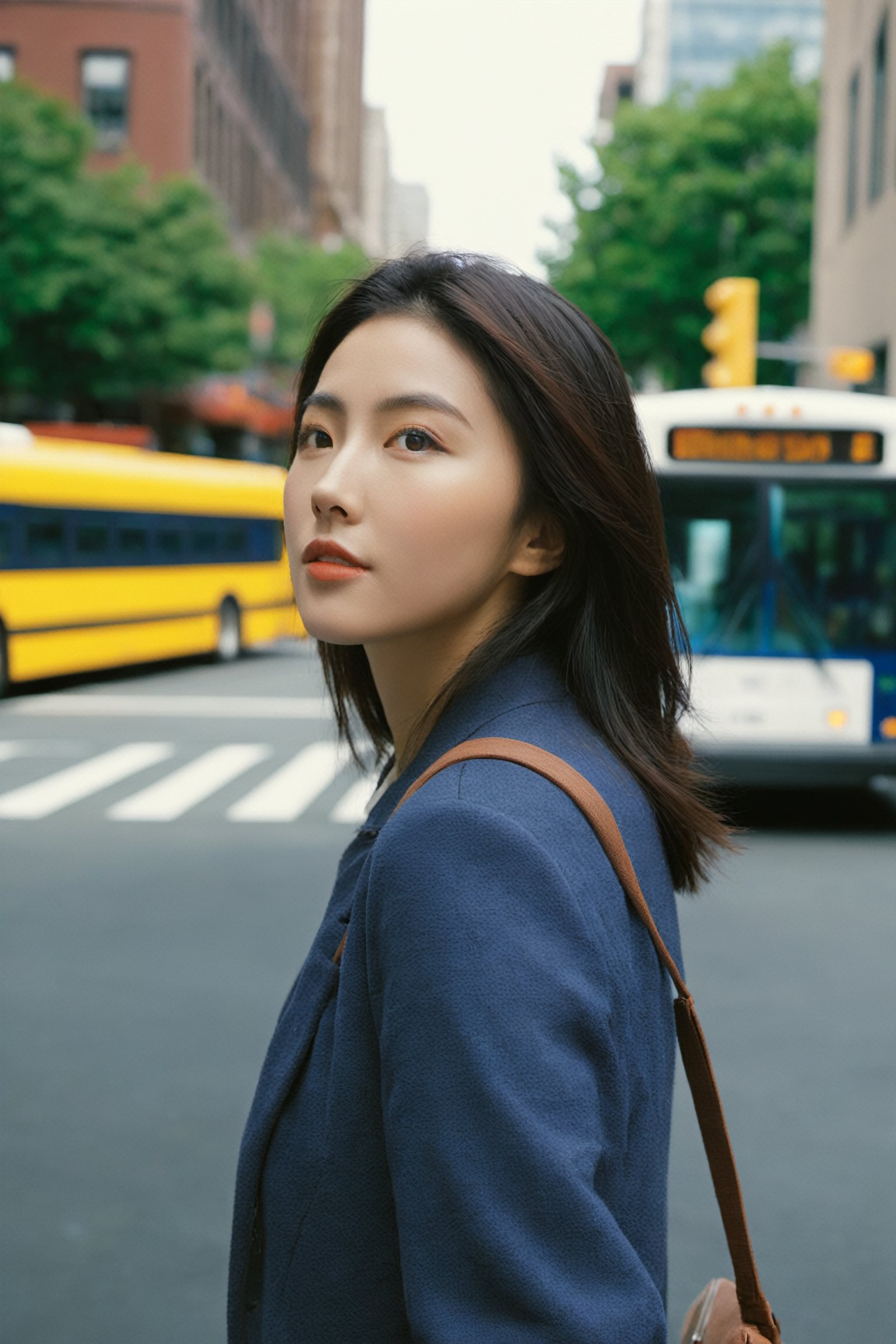 photo of a beautiful young woman waiting for the bus in downtown Seattle, hyper-realistic, soft focus, pose, film/cinematic photo, dynamic, natural, good lighting, 35 mm, good proportions,xxmixgirl