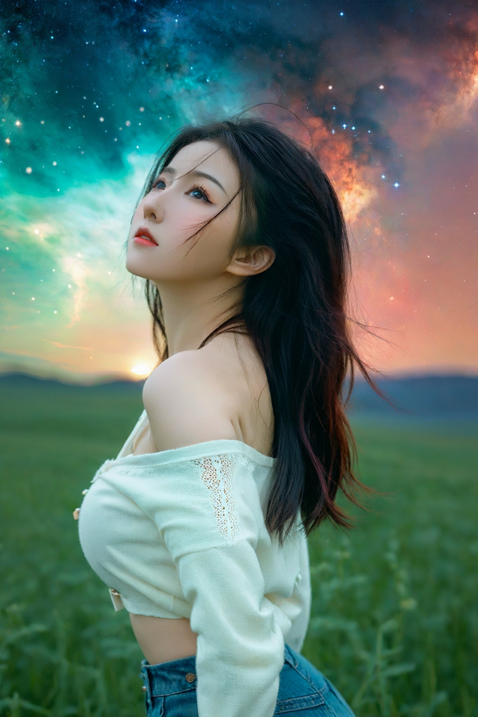 (close-shot photo:1.4) of a beatutiful woman wearing white underwear and cardigan on a open field, embers of memories, colorful, (photo-realisitc), nebula background, nebula theme,exposure blend, medium shot, bokeh, (hdr:1.4), high contrast, (cinematic, teal and green:0.85), (muted colors, dim colors, soothing tones:1.3), low saturation,fate/stay background,yofukashi background,(pureerosface_v1:0.8), (ulzzang-6500-v1.1:0.8),breasts,Beautiful eyes ,ASU1,bare shoulders