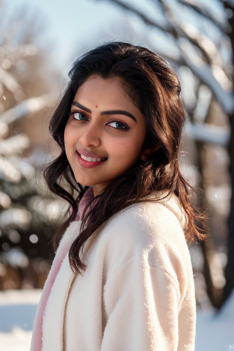 Amala paul:1.3), 

(best quality,4k,8k,highres,masterpiece:1.2),ultra-detailed,(realistic,photorealistic,photo-realistic:1.37),portrait,beautiful and smiling caucasian woman,cinematic,winter clothes,Ondas e Nuances,detailed symmetric hazel eyes,circular iris,vivid colors,winter scenery,soft snowflakes falling,icy breath,rosy cheeks,pure white background,subtle warm lighting,innocence and radiance,sparkling eyes,joyful expression,luxurious fur trim on the clothing,frosty winter air,subtle wind blowing through her hair,subtle hint of pink in her lips,elegant posture,confident stance,delicate snowflakes decorating her hair,long flowing blonde hair,wonder and serenity in her gaze,captivating beauty,snow-covered trees in the background,peaceful and enchanting winter scene.,Amala Paul,Amala4k
