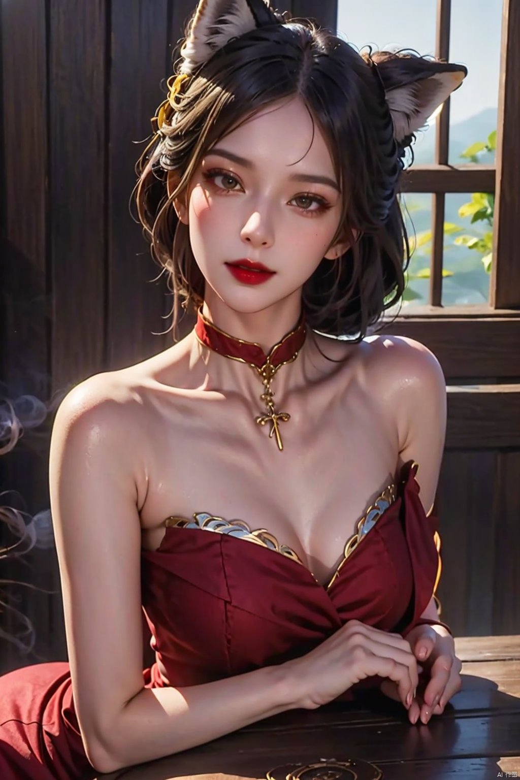  (Representative work:1.3), highest quality, illustrations, sunshine, (Beauty of details:1.3) Looking at the audience, big chest, ribbons, 8K quality, realistic visual effects, volume lighting, movie image quality, ultimate details, complex and exquisite details, black stockings, high heels, red clothes,Black fox ear