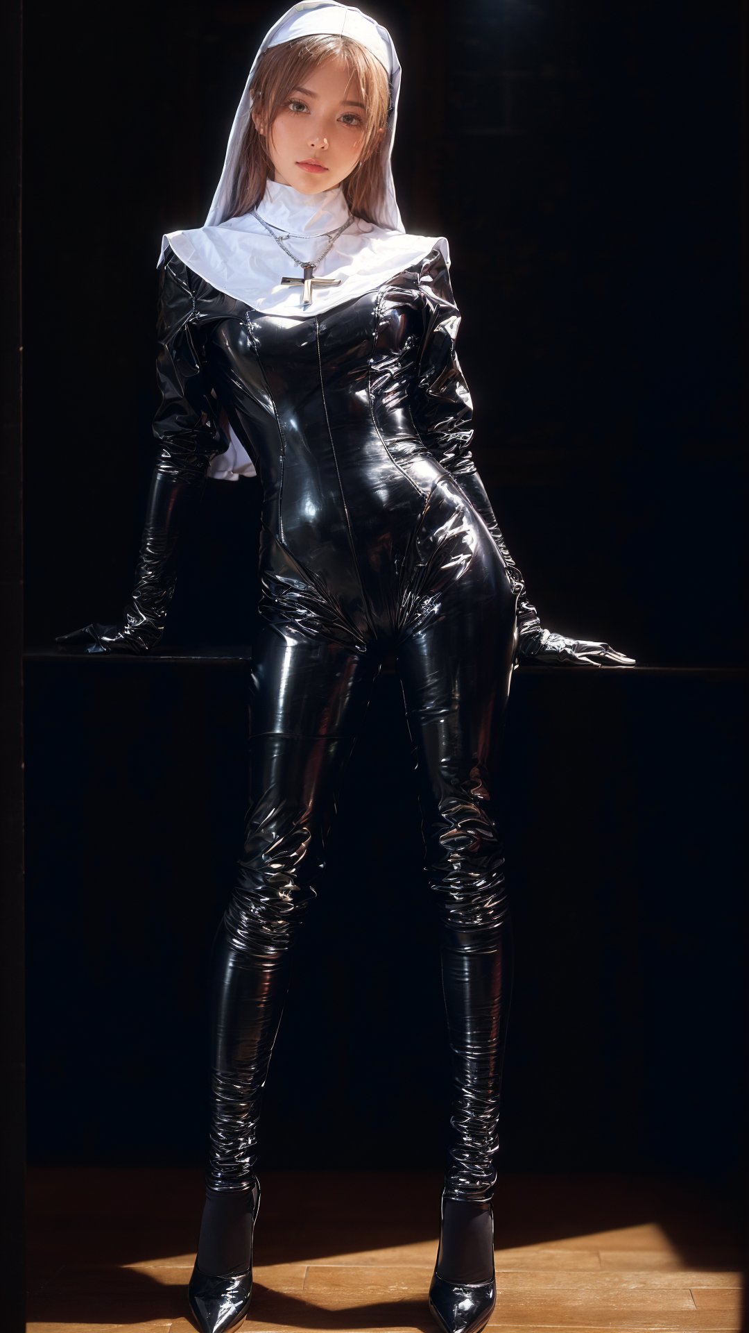 tutututu, (nun),(cross necklace), latex bodysuit, shiny clothes, skin tight, habit, latex gloves, black bodysuit, thigh boots,(best quality, masterpiece, ultra high resolution),(photorealistic:1.37), (immersive atmosphere, chiaroscuro:1.5,bright light:1.2,luminous lighting),(Magazine cover-style illustration of a fashionable woman),(The text on the cover should be bold and attention-grabbing, with the title of the magazine and a catchy headline. The overall style should be modern and trendy, with a focus on fashion and lifestyle),1girl, cute,slim,(pale skin,shiny skin),(full body),(looks at the viewer), very long hair,top fashion,night,(Floor-to-ceiling windows, city),<lora:add_detail:0.35> <lora:LowRA:0.35><lora:tutuXV_00002:0.75>