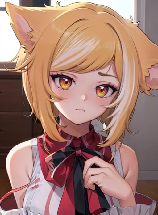 best quality, (masterpiece),(ultra-detailed), (high quality), (high resolution), <lora:shubyuwu:0.7> shubyuwu, blonde hair, animal ears, multicolored hair,short hair, 