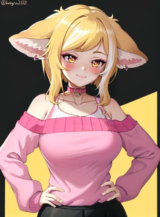 best quality, (masterpiece),(ultra-detailed), (high quality), (high resolution), <lora:shubyuwu:0.7> ,shubyuwu, white border, hand on hip, animal ear fluff, pink sweater, bare shoulders, large breasts, short hair, skirt, collar, off-shoulder sweater, sweater, piercing,  long sleeves, earrings, ear piercing, smile, blonde hair, breasts, 1girl, sidelocks, jewelry, blush, black skirt, off shoulder, solo, twitter username, fox ears, choker, yellow background, collarbone, animal ears