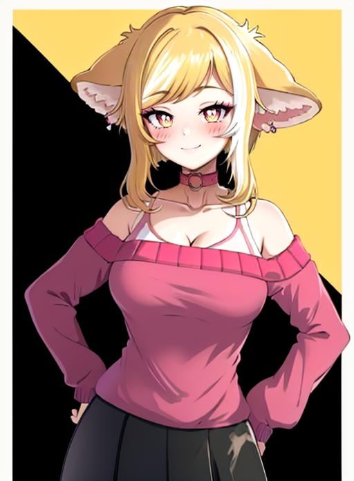 best quality, (masterpiece),(ultra-detailed), (high quality), (high resolution), <lora:shubyuwu:0.7> ,shubyuwu, white border, hand on hip, animal ear fluff, pink sweater, bare shoulders, large breasts, short hair, skirt, collar, off-shoulder sweater, sweater, looking at viewer, piercing, cleavage, long sleeves, slit pupils, earrings, ear piercing, smile, blonde hair, breasts, 1girl, sidelocks, jewelry, blush, black skirt, off shoulder, solo, twitter username, fox ears, choker, yellow background, collarbone, animal ears