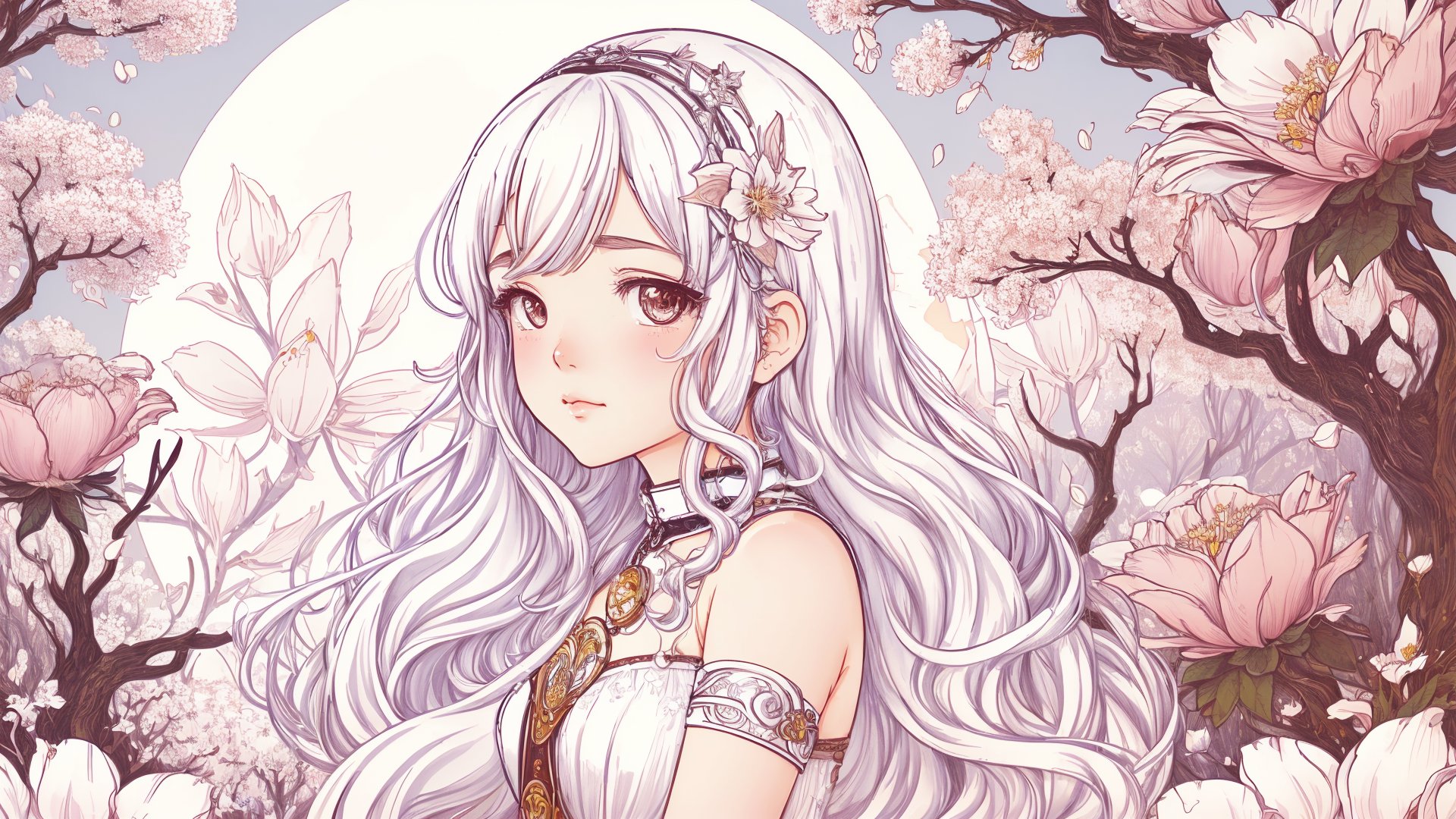 illustration of an adorable chibi girl , white hair , depth of field ,  textured, trees , flowers , branch, full moon , detailed figure ,xewx drawing style , artdeco, art nouveau ,xewx