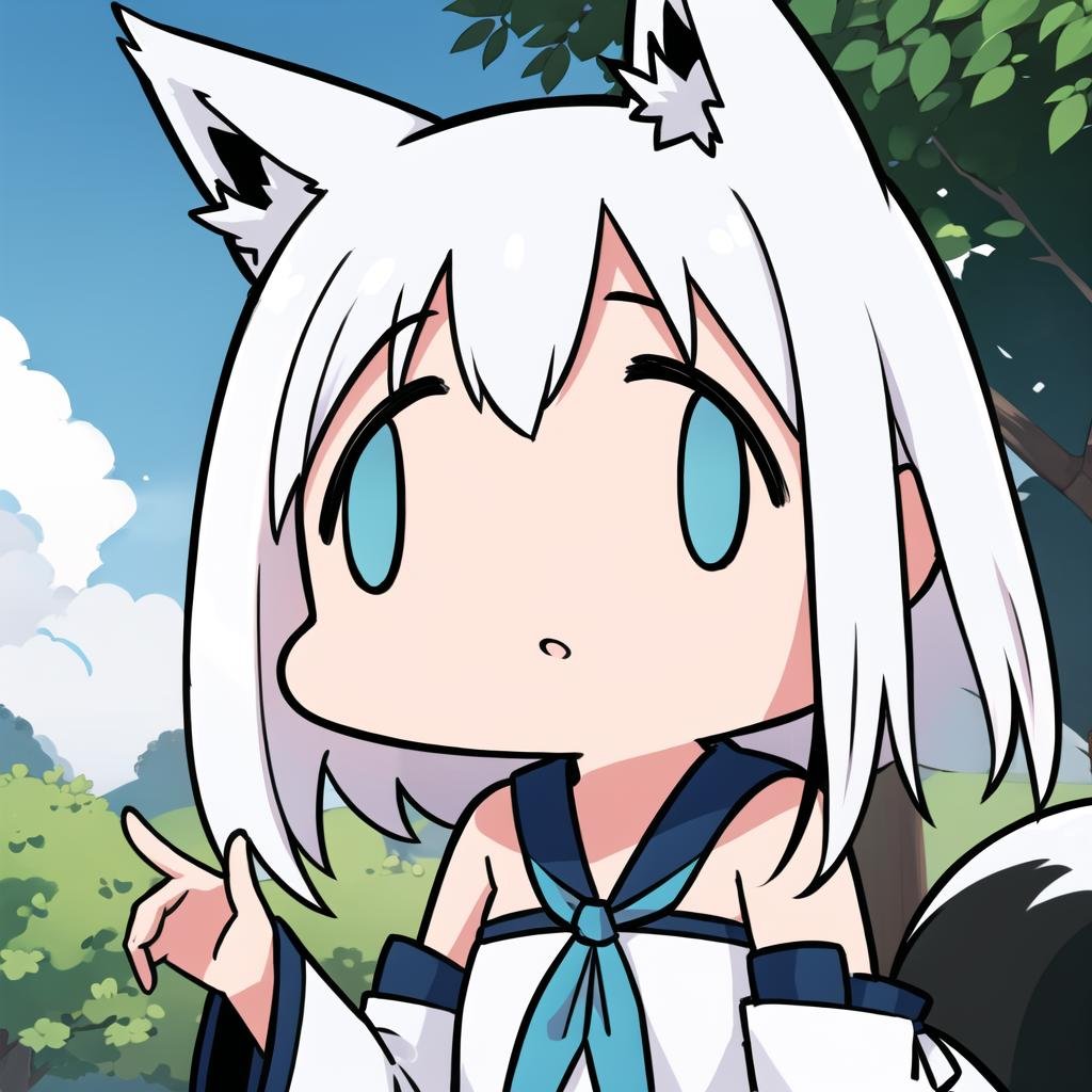 Shirakami Fubuki, Fubuki, fox ears, fox girl, white hair, aqua eyes, strapless top, blue neckerchief, white detached wide sleeves, <lora:ma_meme_fx-13:0.8>, <lora:shirakamiFubuki_v10:0.6>, outdoors,